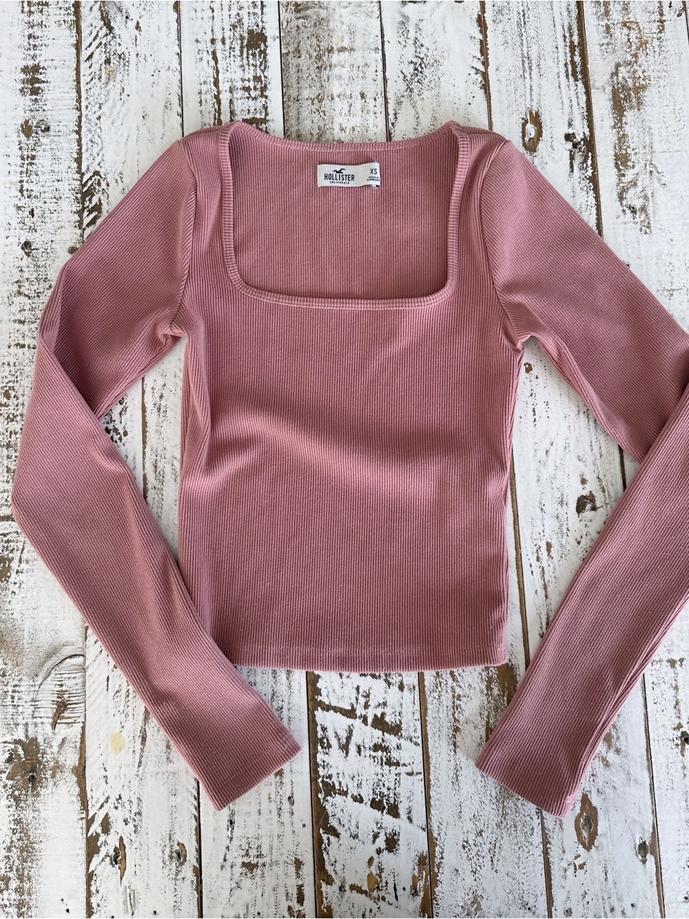 Hollister Ribbed Square Neck Long Sleeve Top in Dusty Pink - XS